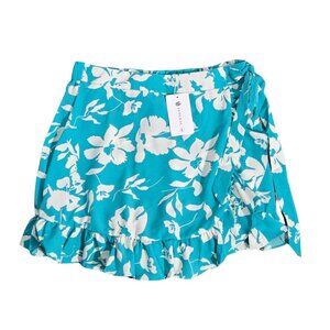 NWT | Egockal Teal and White Floral Ruffle Hem High Waisted Mini Skort | Large